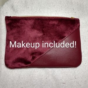 NWOT IPSY Beautiful Burgundy velour & vinyl cosmetic bag with makeup included